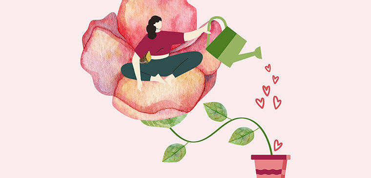 Frau sitzt in einer Rosenblume und gießt den Topf darunter mit Herzen. Grafik.